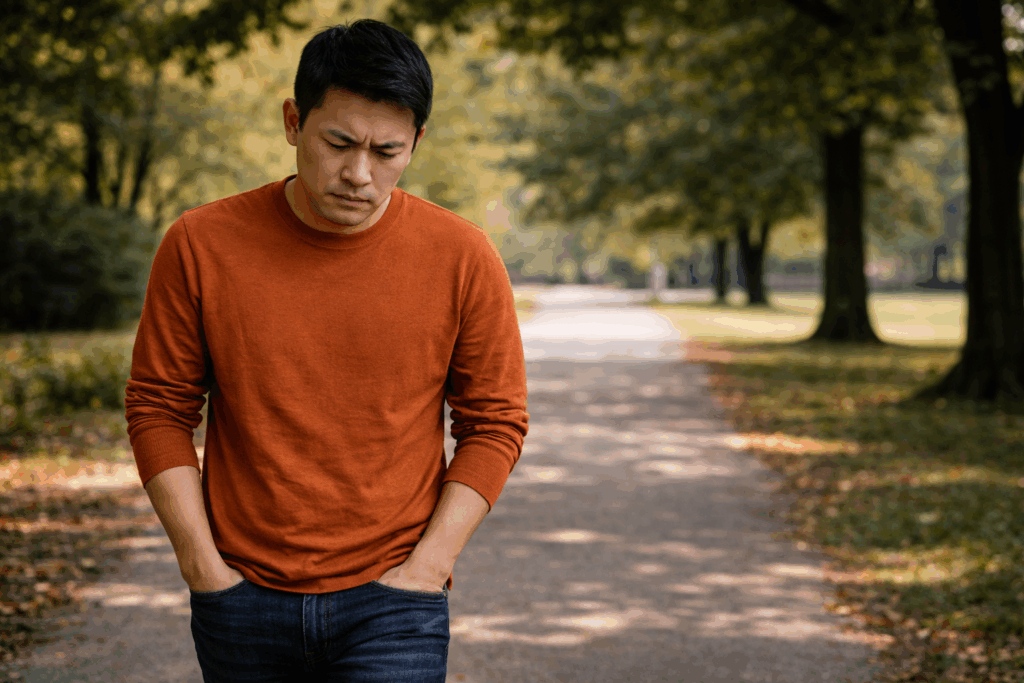 Asian man walking alone on a park path, looking serious and introspective, suggesting emotional distress or reflection.
