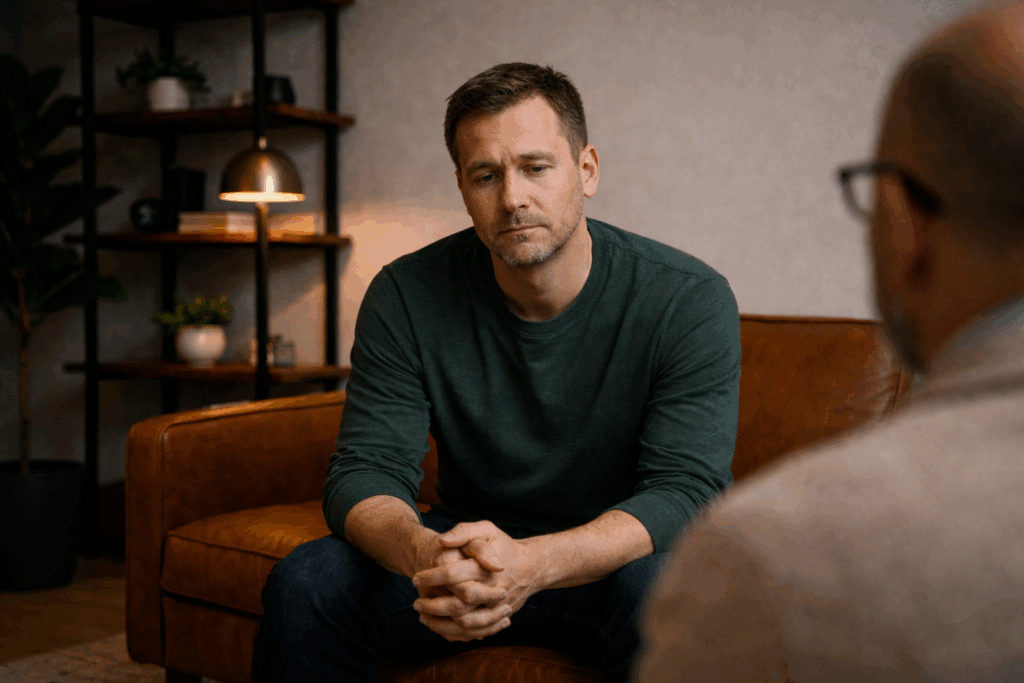 Middle-aged man sitting on a leather couch during a therapy session, looking emotionally numb and introspective, with a blurred male therapist partially visible in the foreground.
