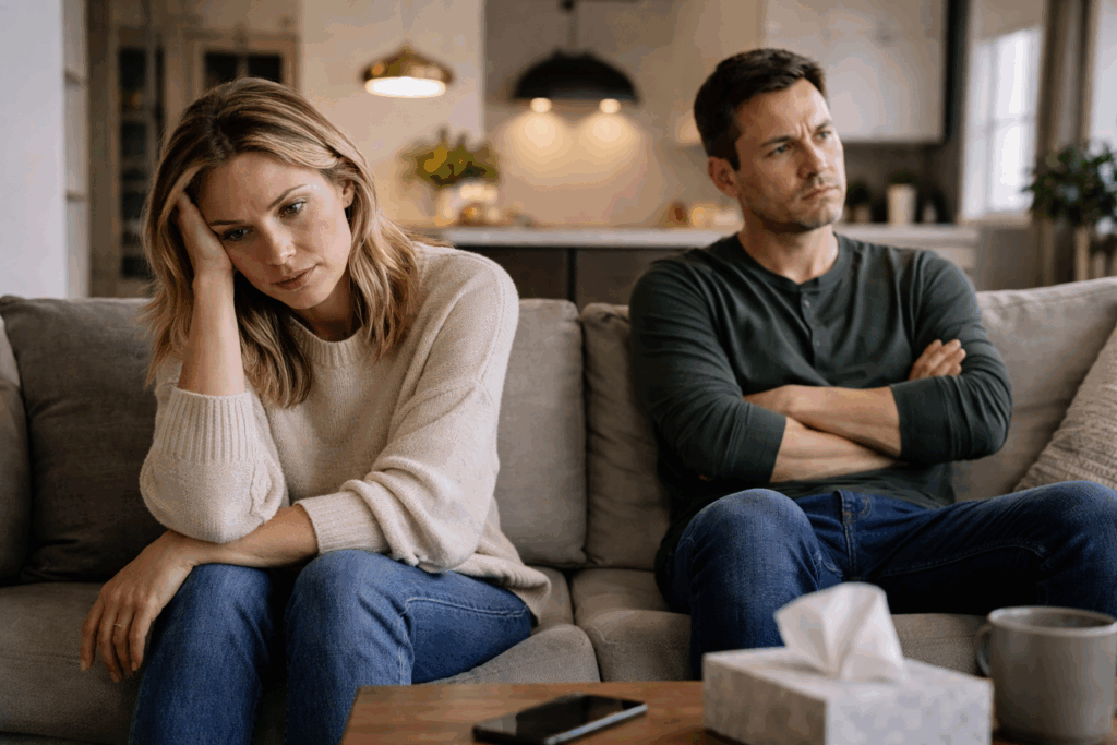 Canadian couple in their mid-30s sitting apart on a couch at home, looking emotionally distant and stressed, suggesting relationship problems and unresolved conflict.